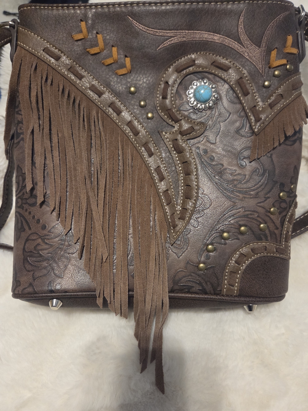 Boho Brown Fringe Crossbody Bag with Turquoise Concho